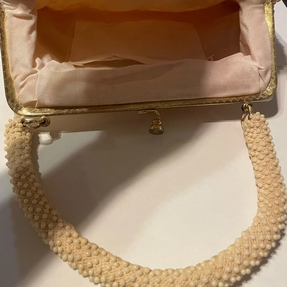 Vintage Hong Kong Beaded Evening Bag Ivory Pearl Top Handle Purse